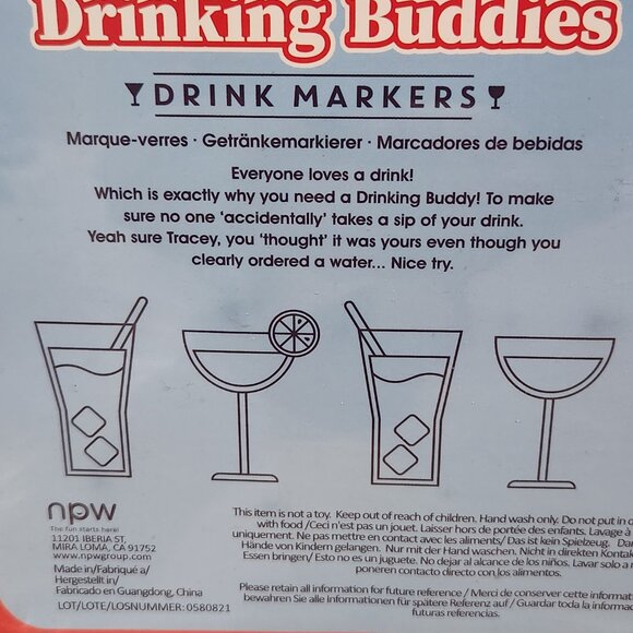 NPW Drinking Buddies Drink Markers, Wine Glass Charms for Parties Pack of 6 New - Picture 12 of 15